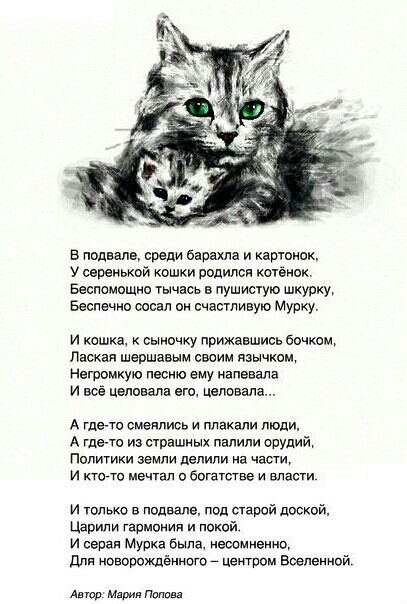 в подвале среди барита и картинок у серенький кошки родился катёнек Беспсмсщас Уычай в пушистую шкурки Беоне шо сосал он счастливую Мурку и ксшка сыночку прижавшись бочком Паша шершавым своим язычком иешрмкую песию ему иапвнала и все целовала ет целовала А где тс смеялись и плакали люди А где то иа шрашиых палили орудий Политики земли делили на чаши И кнута мечтал 0 Богатсгвв И власти и только в п