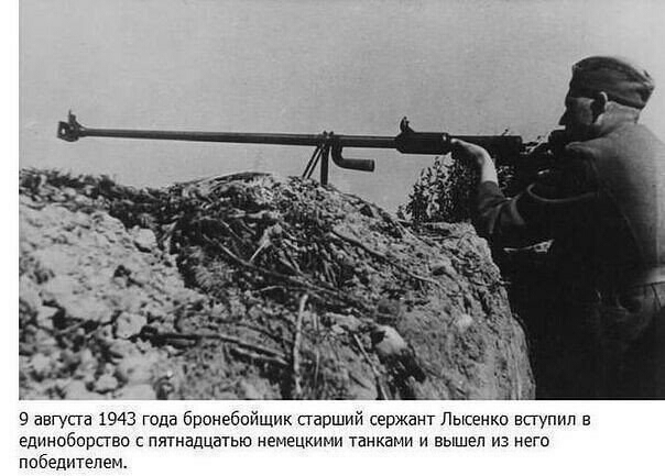 9 авгупа 1943 года бранебойщик павший сержант Лысенко вступил в единоборство пятнадцатью немецкими пиками и вышел из нет победителем