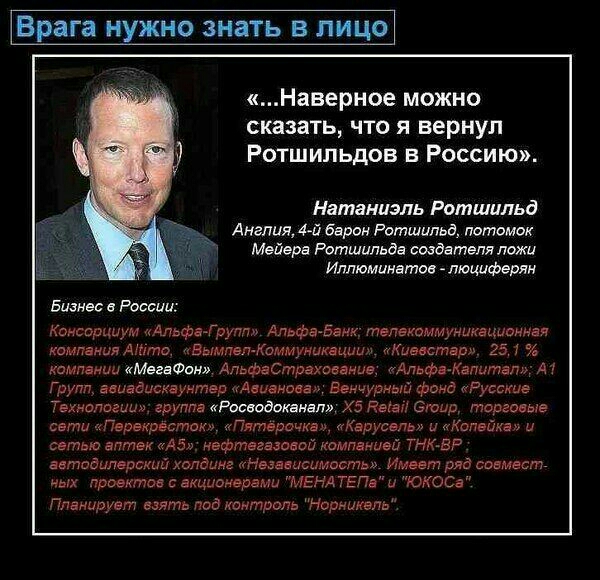 Врага нужно знать в лицо Наверное можно сказать что я вернул Ротшильдов в Россию Натаниэль Ротшильд Англия 4 й барон Ротшильд потомок Мейера Ротшильда создателя ложи Иппюминвтои люииферян Бизнес в России Консорциум Альфя Гпуппп Альфа Банк тепетммуникщшвннви компании Апто чВымпвп Коммуникшшы Киевстар 25 7 компании Месси Апьфвстрахонвние Альф впитал А 1 Групп ааиадискаунтер Амман Венчурный фонд Русс