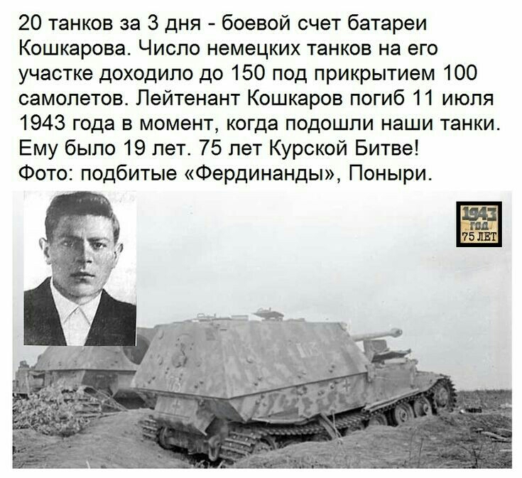 20 танков за 3 дня боевой счет батареи Кошкарова Число немецких танков на его участке доходило до 150 под прикрытием 100 самолетов Лейтенант Кошкаров погиб 11 июля 1943 года в момент когда подошли наши танки Ему было 19 лет 75 лет Курской Битве Фото подбитые Фердинанды Поныри