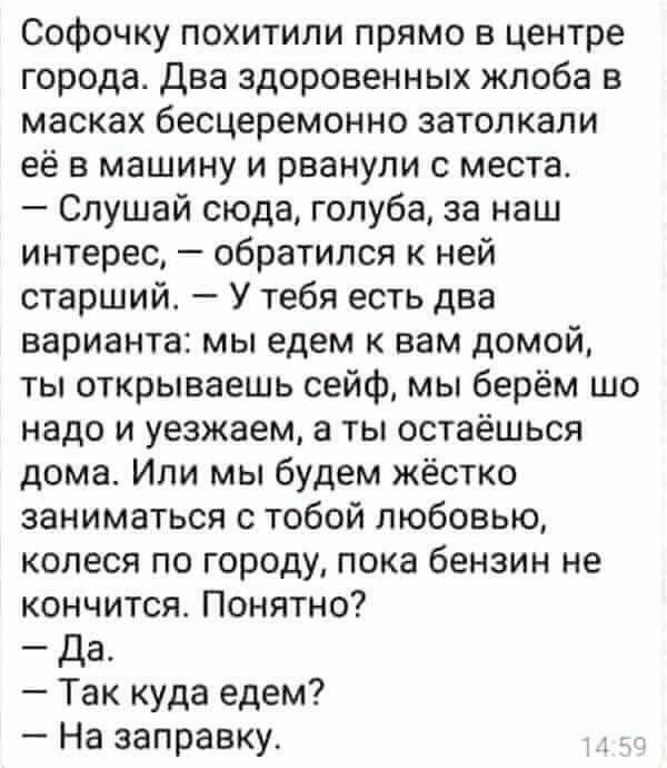 Софочку похитили прямо в центре города два здоровенных жлоба в масках бесцеремонно затолкали её в машину и рванули с места Слушай сюда голуба за наш интерес обратился к ней старший У тебя есть два варианта мы едем к вам домой ты открываешь сейф мы берём шо надо и уезжаем а ты остаёшься дома Или мы будем жёстко заниматься с тобой любовью колеся по городу пока бензин не кончится Понятно да Так куда 