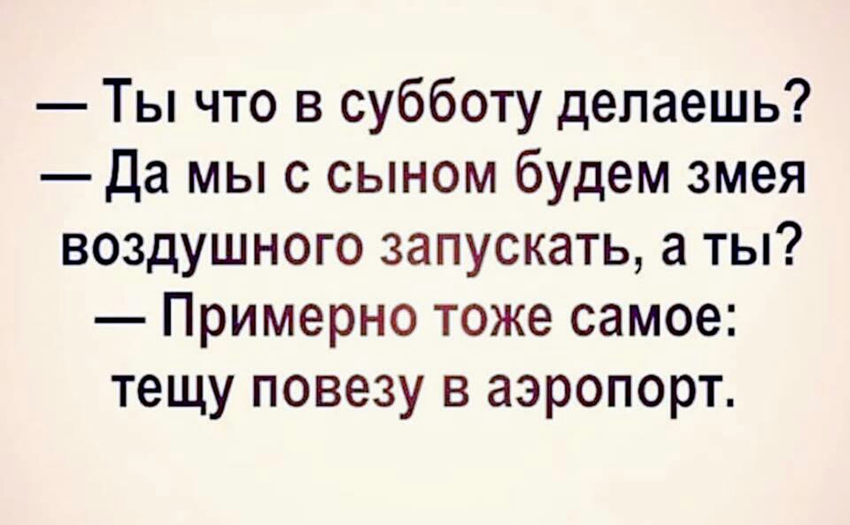 Ты что в субботу делаешь Да мыс сыном будем змея воздушного запускать а ты Примерно тоже самое тещу повезу в аэропорт