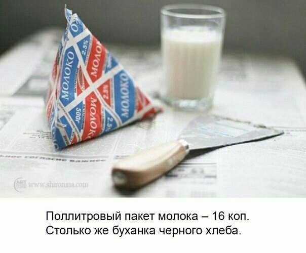 Поппитровый пакет молока 16 коп Столько же буханка черного хлеба