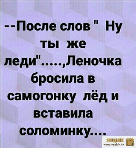 После слов Ну ты же леди Леночка бросила в самогонку лёд и вставила соломинку Зш