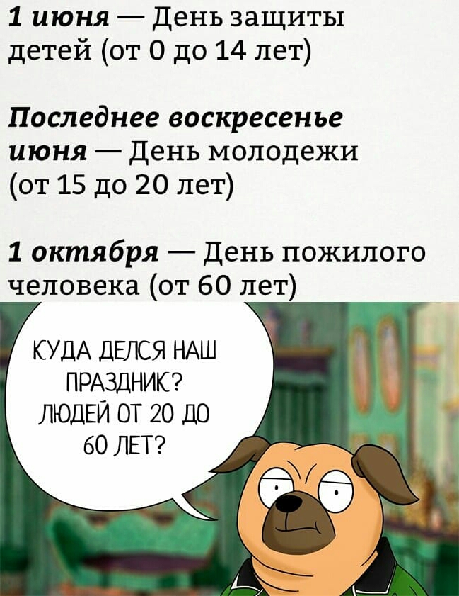 1 июня День защиты детей от 0 до 14 лет Последнее воскресенье июня день молодежи от 15 до 20 лет 1 октября день пожилого человека от 60 лет КУДА ДЕЛСЯ НАШ ПРАЗДНИК ЛЮДЕЙ ОТ 20 ДО 60 ЛЕТ