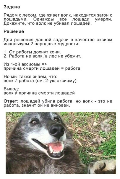 Задача Рядом с лесом где живе волк находится загон лошадьми Однажды все лошади умерли Докажите что воли не убивал лошадей Решение для решения данной задачи в качестве аксиом используем 2 народные мудрости 1 Отёэаботы дохнут кони 2 Рв ога не волк в лес не убежит и 1 ой аксиомы причина смерти пошадеи работа но мы акже знаем что волк работа см ую аксиому Вывод волк причина смарт пошадеи 01862 лошадей