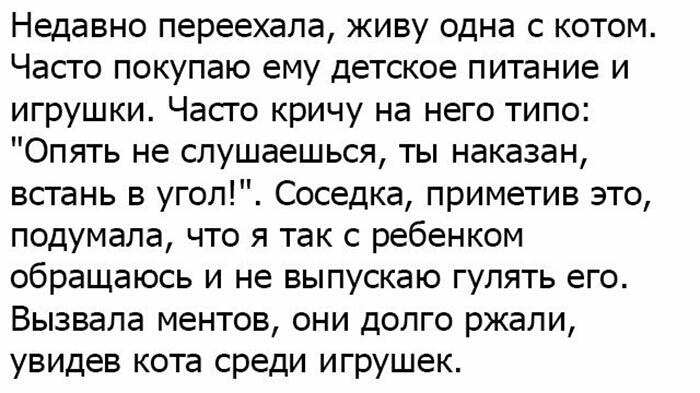 Недавно переехала живу одна с котом Часто покупаю ему детское питание и игрушки Часто кричу на него типо Опять не спушаешься ты наказан всгань в угоп Соседка приметив это подумала что я так с ребенком обращаюсь и не выпускаю гулять его Вызвапа ментов они долго ржали увидев кота среди игрушек
