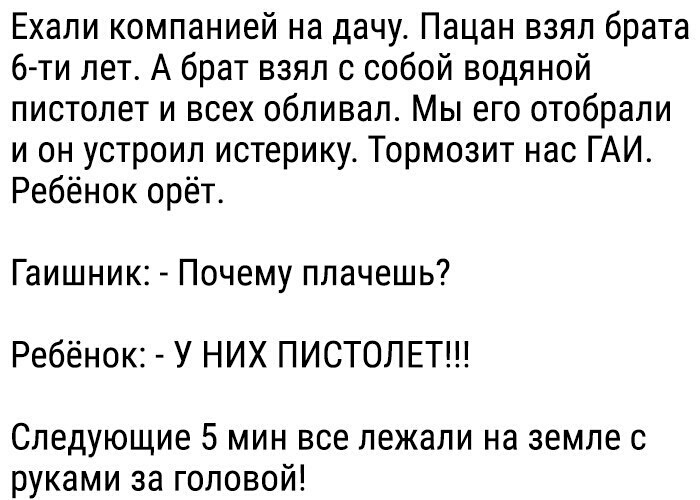 Ехали компанией на дачу Пацан взял брата 6 ти лет А брат взял с собой ВОДЯНОЙ пистолет и всех обливал Мы его отобрали и он устроил истерику Тормозит нас ГАИ Ребёнок орёт Гаишник Почему плачешь Ребёнок У НИХ ПИСТОЛЕТ Следующие 5 мин все лежали на земле с руками за головой