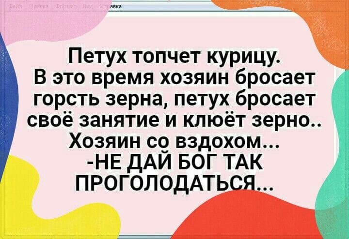 Петух топчет курицу В это время хозяин бросает горсть зерна петух бросает своё занятие и клюёт зерно Хозяин со вздохом НЕ ДАЙ БОГ ТАК ПРОГОЛОДАТЬ