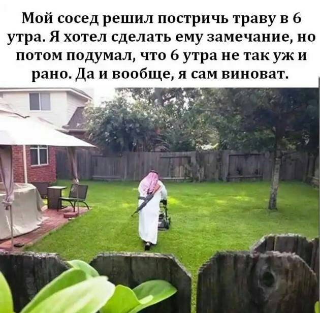 Мой сосед решил постричь траву в 6 утра Я хотел сделать ему замечание но потом подумал что 6 утра не такужи рано Да и вообще я сам виноват ТОЧ