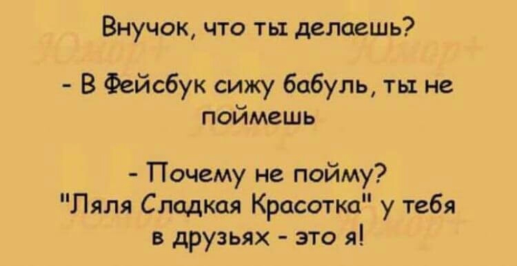 Внучок что ты делаешь В Фейсбук сижу бабуль ты не поймешь Почему не пойму Ляля Слодкая Красотка у тебя в друзьях это я
