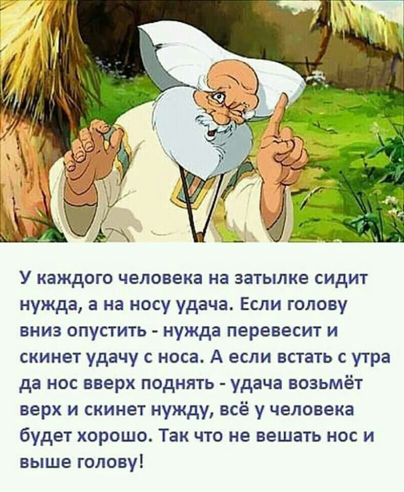 У каждого человека на затылке сидит нужда а на носу удача Если голову вниз опустить нужда перевесит и скинет удачу с носа А если встать с утра да нос вверх поднять удача возьмёт верх и скинет нужду всё у человека будет хорошо Так что не вешать нос и выше голову