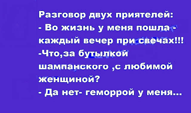 Разговор двух приятелей Во жизнь у меня пошла каждый вечер приссвечах Чтоза бутылкой шампанского с любимой женщиной Да нет геморрой у меня
