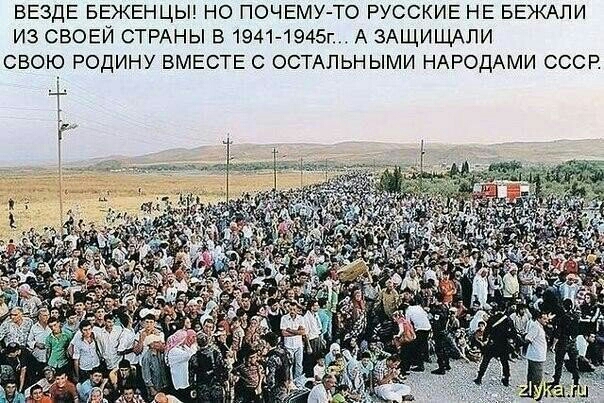ВЕЗДЕ БЕЖЕНЦЫ НО ПОЧЕМУ ТО РУССКИЕ НЕ БЕЖАЛИ ИЗ СВОЕЙ СТРАНЫ В 1941 1945г А ЗАЩИЩАЛИ СВОЮ РОДИНУ ВМЕСТЕ С ОСТАЛЬНЫМИ НАРОДАМИ СССР