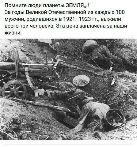 Помните люди планеты ЗЕМЛЯ За годы Великой Отечественной из каждых 100 мужчин родившихся в 1921 1923 гг выжили всего три человека Эта цена заплачена за наши