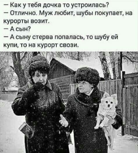 Как у тебя дочка то устроилась Отлично Муж любит шубы покупает на куроты возит А сын А сыну стерва попалась то шубу ей купи то на курорт свози