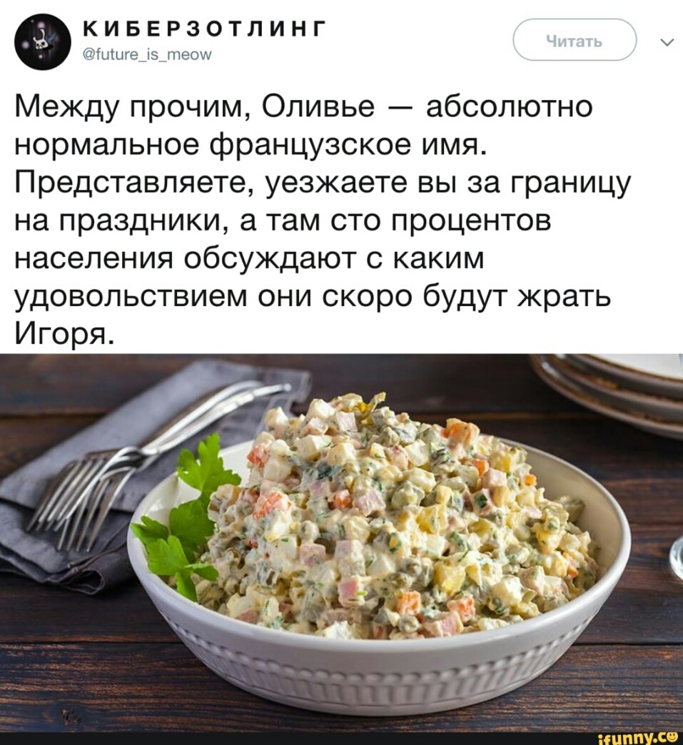 КИБЕРЗОТЛИНГ у Шішеіэ тео Между прочим Оливье абсолютно нормальное французское имя Представляете уезжаете вы за границу на праздники а там сто процентов населения обсуждают с каким удовольствием они скоро будут жрать Игоря