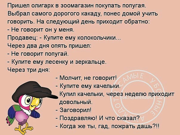 Пришел опигарх в зоомагазин покупать попугая Выбрал самого дорогого какаду понес домой учить говорить На следующий день приходит обратно Не говорит он у меня Продавец Купите ему колокольчики Через два дня опять пришел Не говорит попугай Купите ему песенку и зеркальце Через три дня Молчит не говорит Купите ему качельки Купип качельки через неделю приходит довольный Заговорип Поздравляю И что сказал