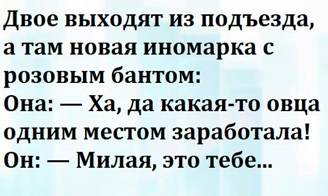 Двое выходят из подъезда а там новая иномарка с розовым бантом Она Ха да какая то овца одним местом заработала Он Милая это тебе