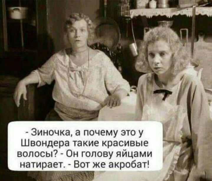 Зиночка а почему это у Швондера такие красивые волосы Он голову яйцами натирает Вот же акробат