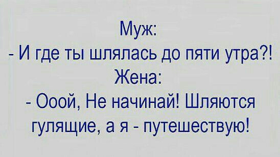 Муж И где ты шпяпась до пяти утра Жена Ооой Не начинай Шляются гулящие а я путешествую