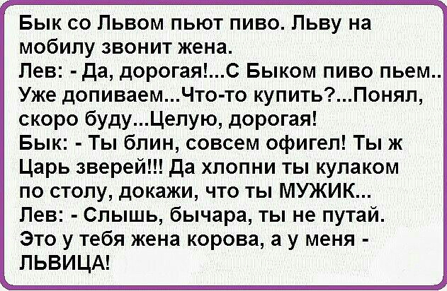 Бык со Львом пьют пиво Льву на мобилу звонит жена Лев да дорогаяС Быком пиво пьем Уже допиваемЧто то купитьПонял скоро будуЦелую дорогая Бык Ты блин совсем офигел Ты ж Царь зверей да хлопни ты кулаком по столу докажи что ты МУЖИК Лев Слышь бычара ты не путай Это у тебя жена корова а у меня ПЬВИЦА