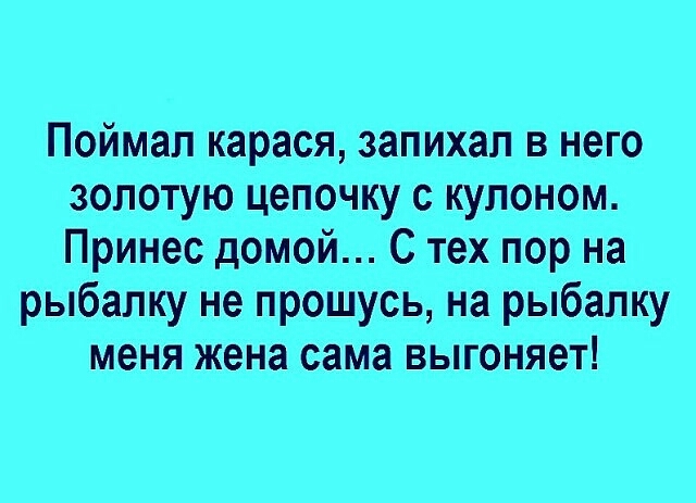 Поймал карася запихал в него золотую цепочку с кулоном Принес домой С тех пор на рыбалку не прошусь на рыбалку меня жена сама выгоняет