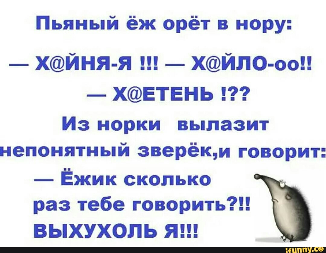 Пьяный ёж орёт в нору ХЙНЯ Я ХЙЛО оо ХЕТЕНЬ Из норки вылазит непонятный зверёкм говорит Ёжик сколько раз тебе говорить ВЫХУХОПЬ Я _
