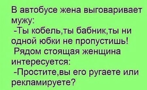 В автобусе жена выговаривает мужу Ты кобельты бабникты ни одной юбки не пропустишь Рядом стоящая женщина интересуется Проститевы его ругаете ипи рекламируете