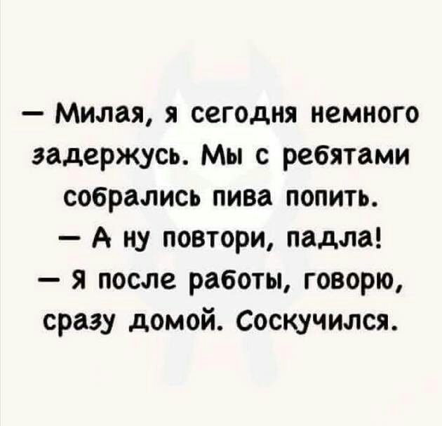 Милая я сегодня немного задержусь Мы с ребятами собрались пива попить А ну повтори падла я после работы говорю сразу домой Соскучился