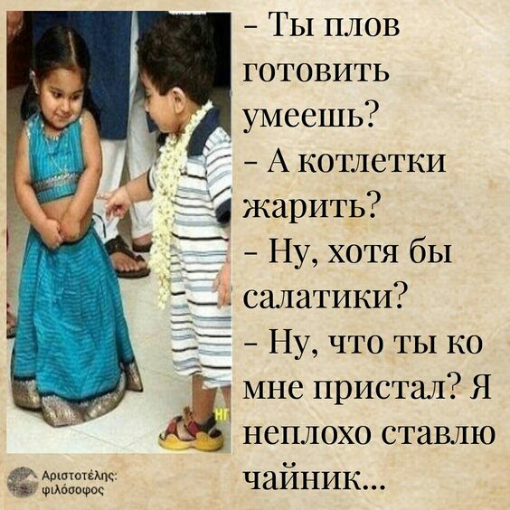 ТЫ плов готовить умеешь _ А котлетки жарить __ _ Ну хотя бы _ і салатики _Ьй Ну что ты ко мне пристал Я неплохо ставлю АоштёМс чайник давшее