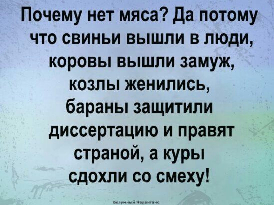 Почему нет мяса Да потому что свиньи вышли в люди коровы вышли замуж козлы женились бараны защитили диссертацию и правят страной а куры сдохли со смеху