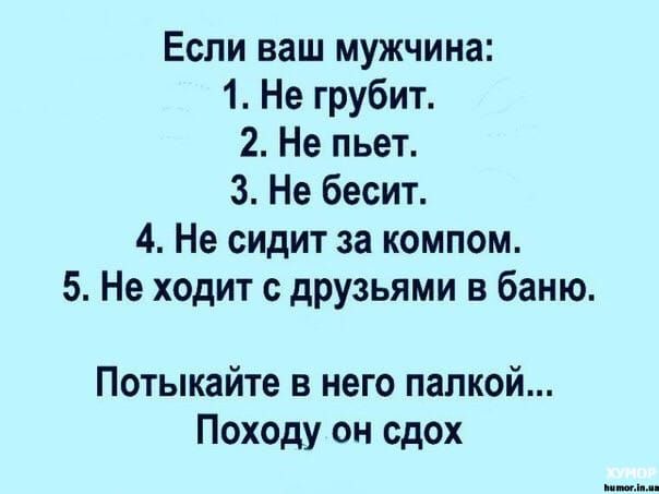 Если ваш мужчина 1 Не грубит 2 Не пьет 3 Не бесит 4 Не сидит за компом 5 Не ходит друзьями в баню Потыкайте в него палкой Пох0ду он сдох