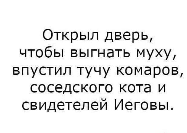 Открыл дверь чтобы выгнать муху впустил тучу комаров соседского кота и СВИДетелей Иеговы