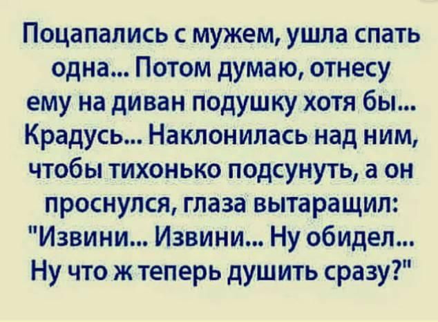Поцапапись с мужем ушла спать одна Потом думаю отнесу ему на диван Подушку хотя бы Крадусь Наклонилась над ним чтобы тихонько подсунуть а он проснулся глаза вытаращил Извини Извини Ну обидел Ну что ж теперь душить сразу