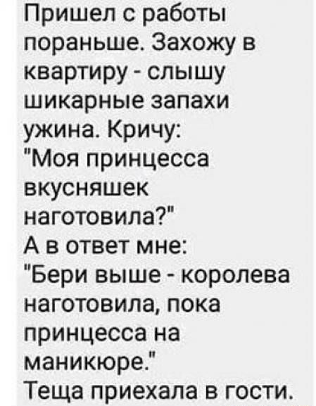 Пришел с работы пораньше Захожу в квартиру слышу шикарные запахи ужина Кричу Моя принцесса вкусняшек наготовила А в ответ мне Бери выше королева наготовипа пока принцесса на маникюре Теща приехала в гости