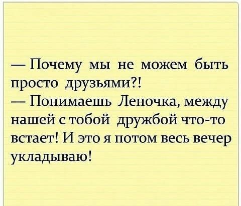 Почему мы не можем быть просто друзьями Понимаешь Леночка между нашей с тобой дружбой чтото встает И это я потом весь вечер укладываю