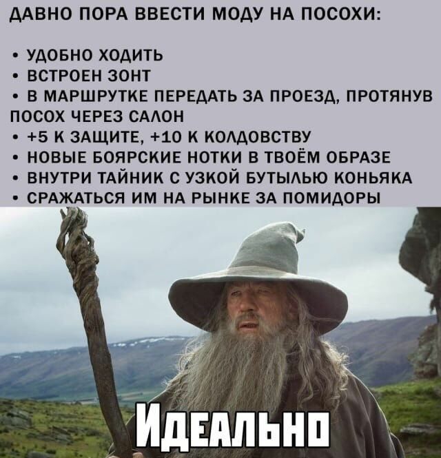 ДАВНО ПОРА ВВЕСТИ МОДУ НА ПОСОХИ удовно ходить встровн зонт в МАРШРУТКЕ ПЕРЕААТЬ ЗА ПРОЕЗД ПРОТЯНУВ посох ЧЕРЕЗ сАюн 5 к ЗАЩИТЕ 10 к комовству НОВЫЕ БОЯРСКИЕ нотки в тв0Ём ОБРАЗЕ внутри ТАйник с узкой БУТЫАЬЮ коньям СРАЖАТЬСЯ им НА РынкЕ ЗА ПОМИАОРЫ Идвпльнп