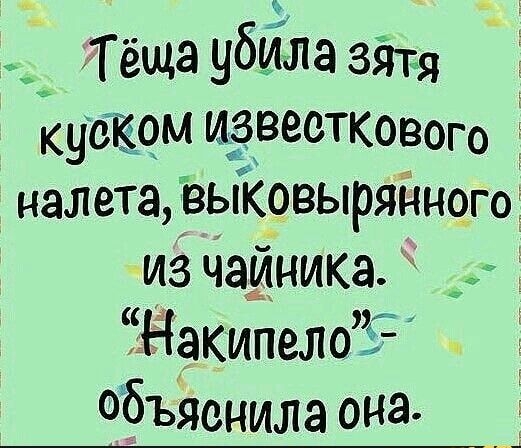 тёща убйла зіпя _ куском известкового налета вьГковырянногог из чаиника Накипело Оёъяснила она