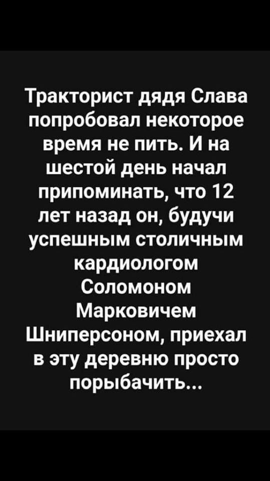 Тракторист дядя Слава попробовал некоторое время не пить И на шестой день начал припоминать что 12 лет назад он будучи успешным столичным кардиологом Соломоном Марковичем Шниперсоном приехал в эту деревню просто порыбачить