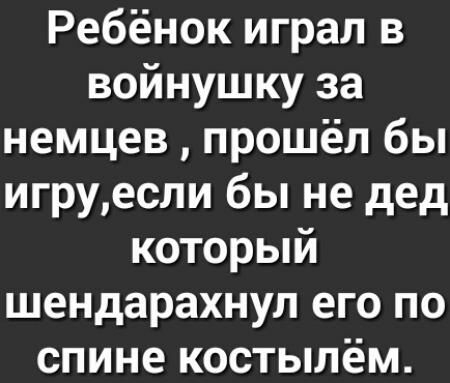 Ребёнок играл в войнушку за немцев прошёл бы игруеспи бы не дед который шендарахнул его по спине костылём
