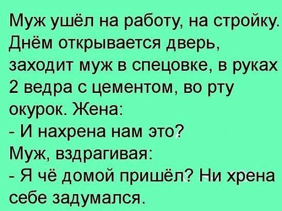 Муж ушёл на работу на стройку Днём открывается дверь заходит муж в спецовке в руках 2 ведра с цементом во рту окурок Жена И нахрена нам это Муж вздрагивая Я чё домой пришёл Ни хрена себе задумался