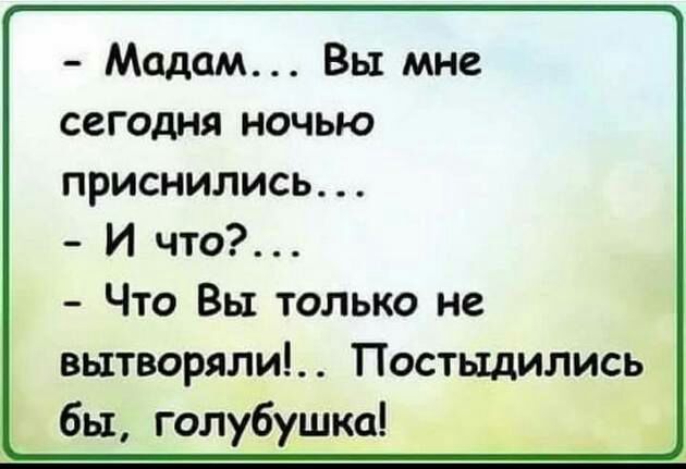 Мадам Вы мне сегодня ночью приснились И что Что Вы только не вытворяли Постыдились бы голубушка