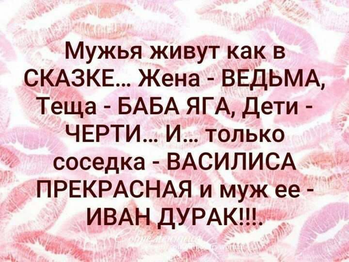 Мужья живут как в СКАЗКЕ Жена ВЕДЬМА Теща БАБА ЯГА дети ЧЕРТИ И только соседка ВАСИЛИСА ПРЕКРАСНАЯ и муж ее ИВАНДУРАКЛ