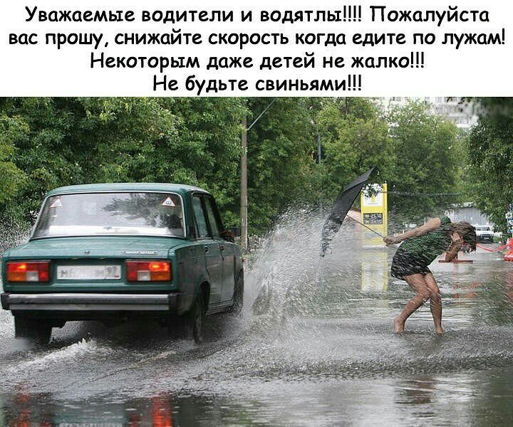 Уважаемые водители и водятльт Пожалуйста вас прошу снижайте скорость когда едите по лужам Некоторым даже детей не жалко Не будьте свиньями