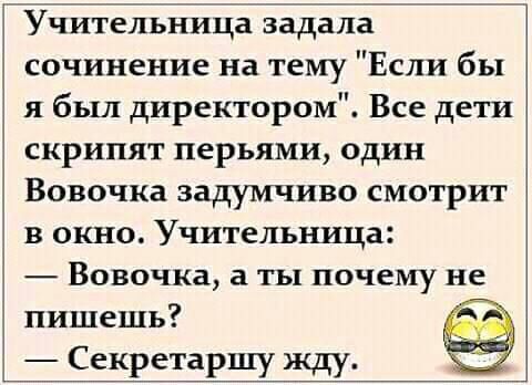 Учительницайзадала сочинение на тему Если бы я был директором Все дети скрипят перьями один Вовочка задумчиво смотрит в окно Учительница Вовочка ты почему не пишешь Секретаршу жду
