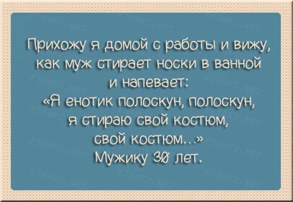 Прихожу и домой с работы и вижу как муж стирает носки в ванной и напевает Я енотйк полоскун полоскун я стираю свой костюм свой костюм Мужику ЗЙ ЛеТ