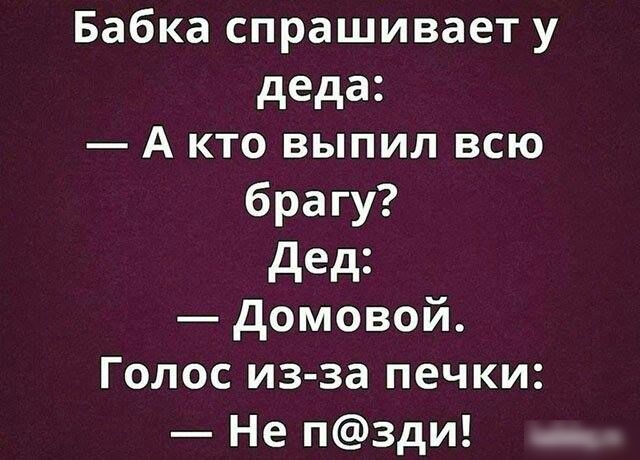 Бабка спрашивает у деда А кто выпил всю брагу дед домовой Голос из за печки Не пзди
