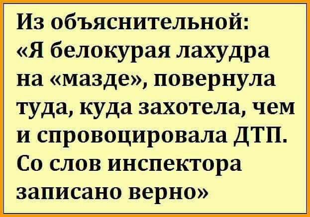 Из объяснительной Я белокурая лахудра на мазде повернула туда куда захотела чем и спровоцировала ДТП Со слов инспектора записано верно