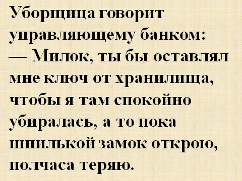Уборщица говорит управляющему банком Мплок ты бы остав мне ключ от хранилища чтобы я таМ спокойно убиралась а то пока шпилькой замок открою полчаса теряю ЯЛ
